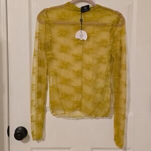SweetKama Chartreuse Lace Sheer Long Sleeve Layer Top Y2K Whimsigoth M NWT